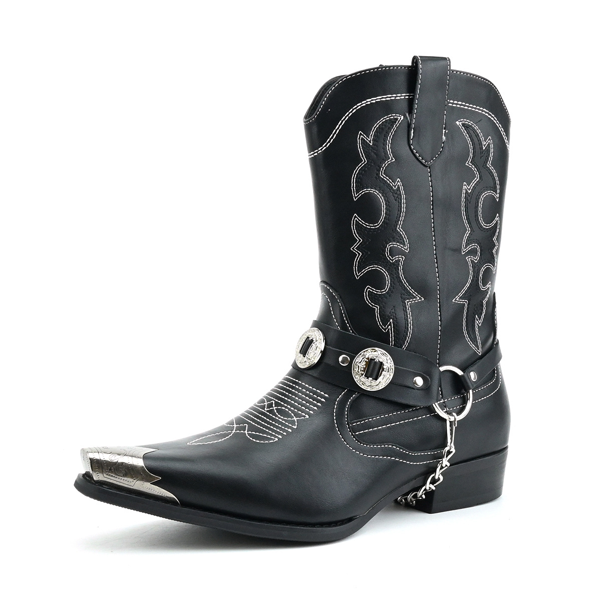 Embroidery On Leather - Men's Western Leather Boots with Metal