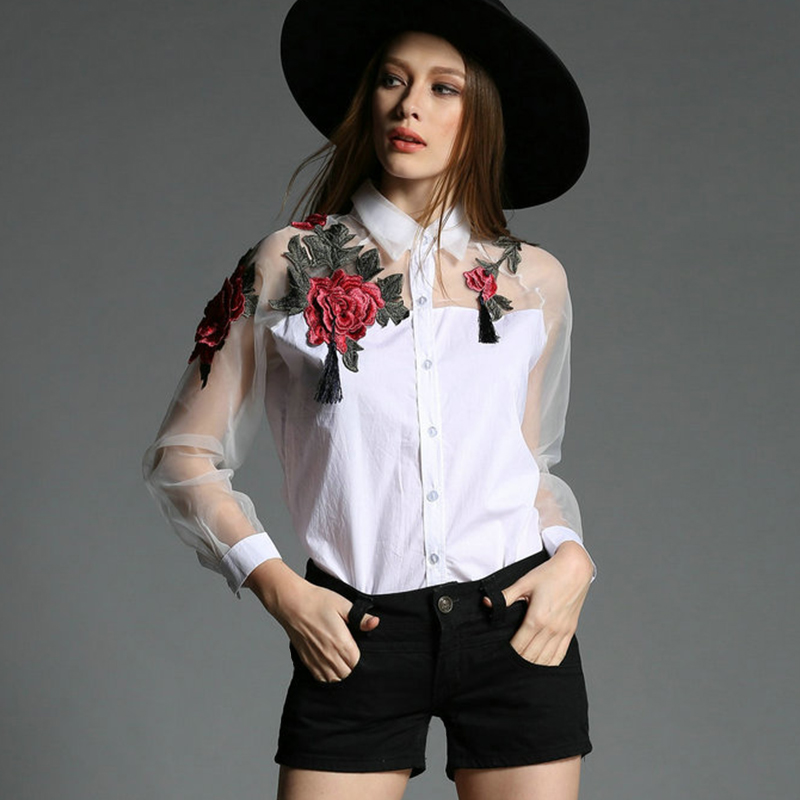 Embroidery Jersey - Womn's Fashion Floral Embroidery chiffon Blouse