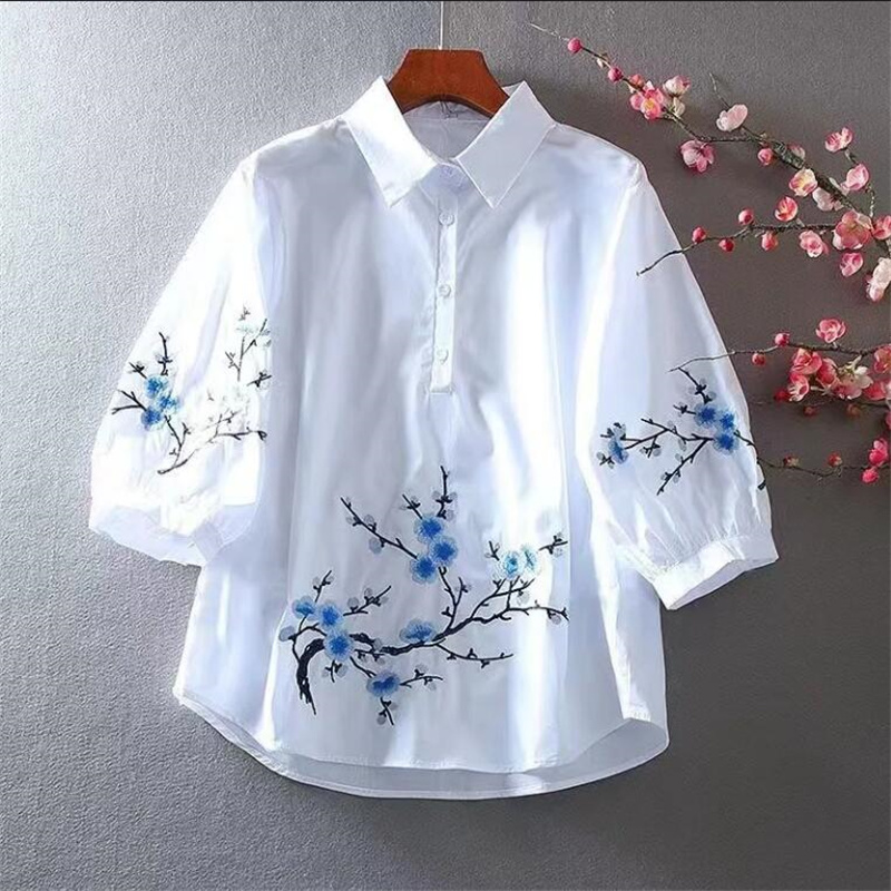 Embroidery Blouse - White Embroidered Shirt Women Blouse Pure