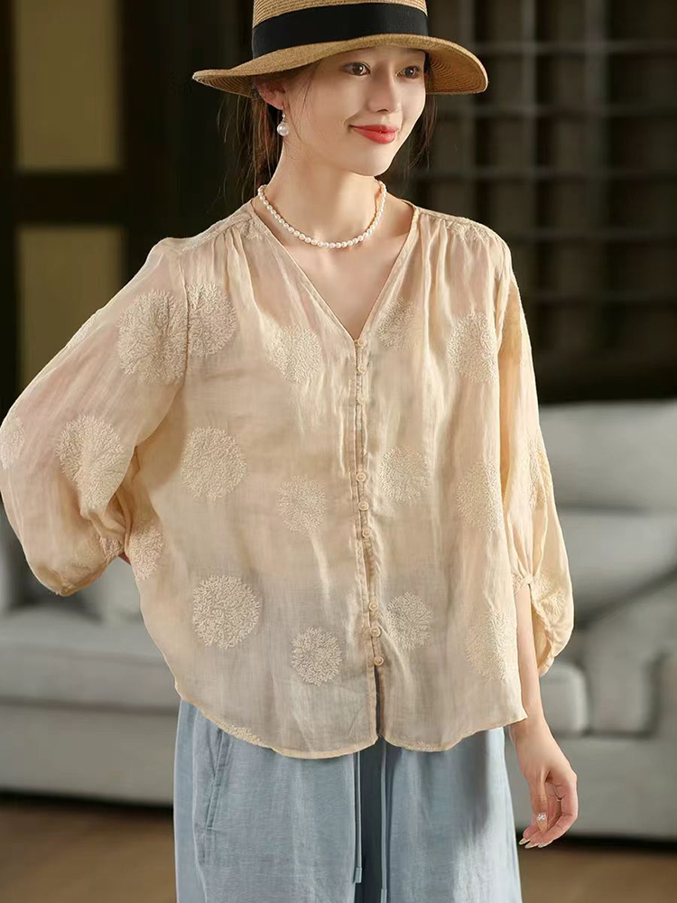 100% Ramie Women Casual Shirt  - Embroidery Jersey recension och pris