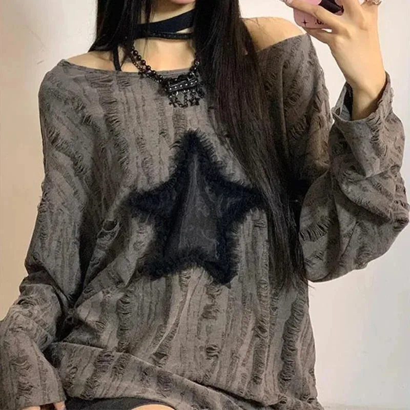 Y2K Hole Star Print T-Shirt Wo - Embroidery Blouse recension och pris